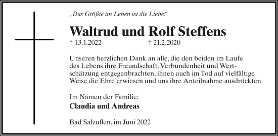 Anzeige  Waltrud Steffens  Lippische Landes-Zeitung