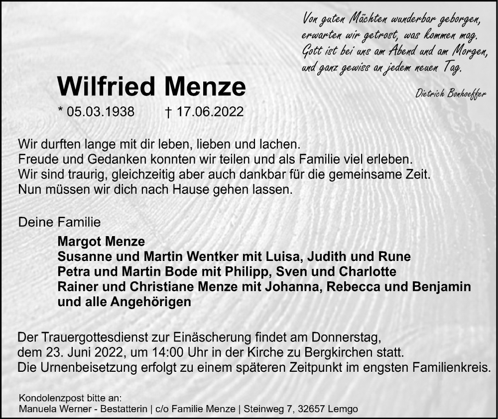  Traueranzeige für Wilfried Menze vom 20.06.2022 aus Lippische Landes-Zeitung