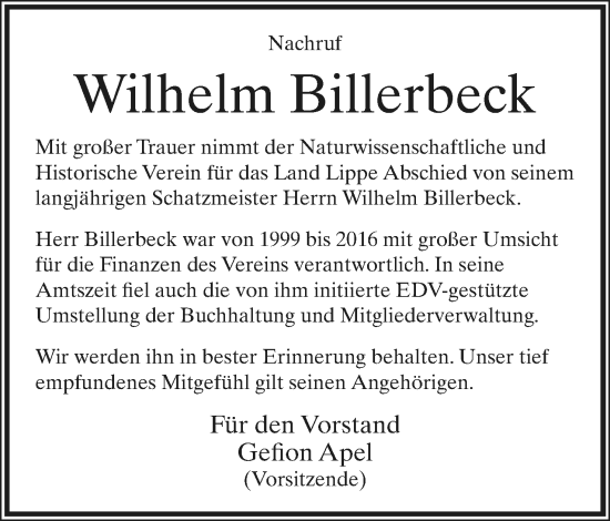 Anzeige  Wilhelm Billerbeck  Lippische Landes-Zeitung