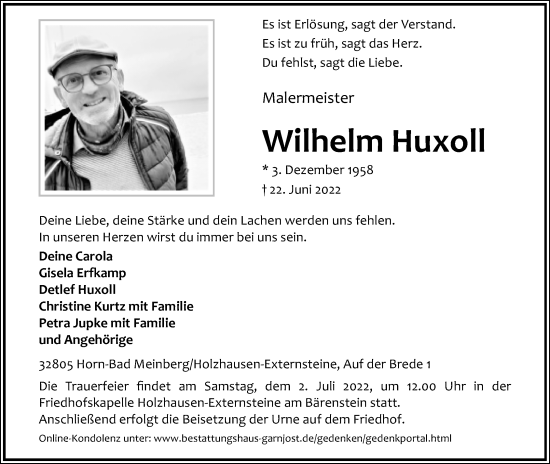 Anzeige  Wilhelm Huxoll  Lippische Landes-Zeitung