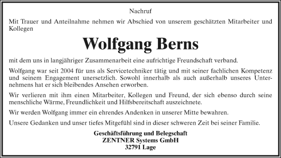 Anzeige  Wolfgang Berns  Lippische Landes-Zeitung