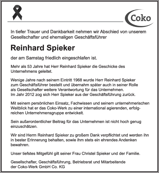 Anzeige  Reinhard Spieker  Lippische Landes-Zeitung