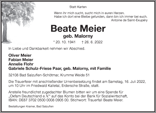 Anzeige  Beate Meier  Lippische Landes-Zeitung