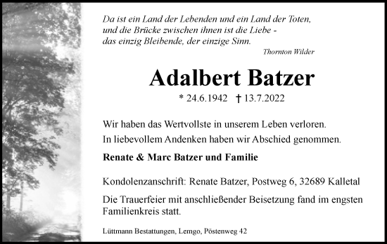 Anzeige  Adalbert Batzer  Lippische Landes-Zeitung