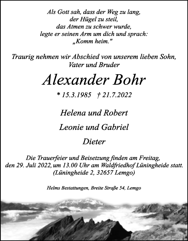  Traueranzeige für Alexander Bohr vom 27.07.2022 aus Lippische Landes-Zeitung