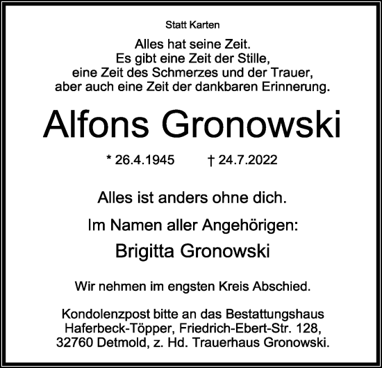 Anzeige  Alfons Gronowski  Lippische Landes-Zeitung
