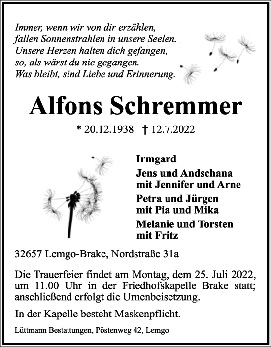 Anzeige  Alfons Schremmer  Lippische Landes-Zeitung