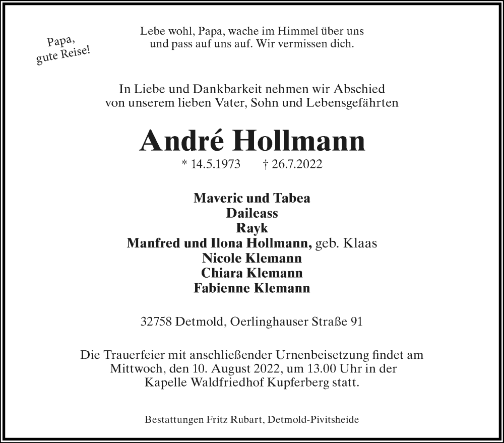  Traueranzeige für Andre Hollmann vom 30.07.2022 aus Lippische Landes-Zeitung