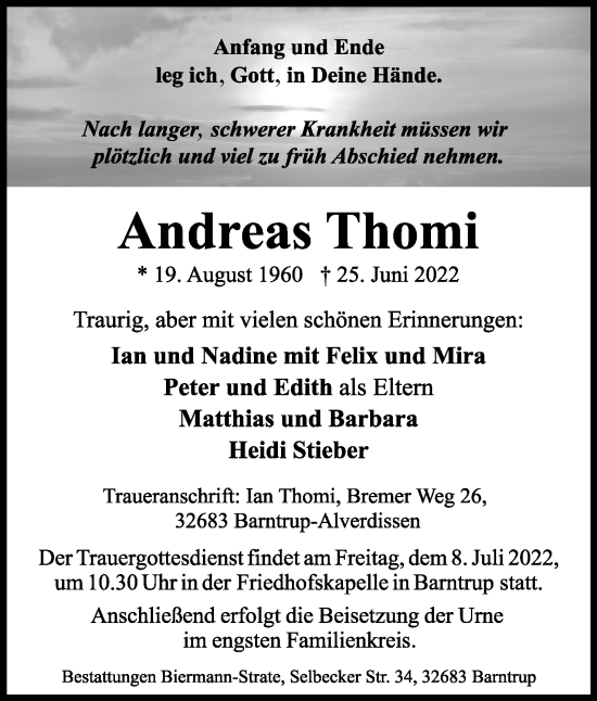 Anzeige  Andreas Thomi  Lippische Landes-Zeitung