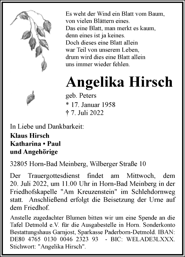  Traueranzeige für Angelika Hirsch vom 16.07.2022 aus Lippische Landes-Zeitung