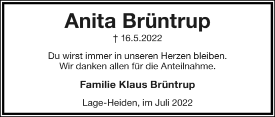 Anzeige  Anita Brüntrup  Lippische Landes-Zeitung