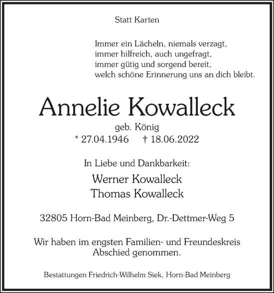 Anzeige  Annelie Kowalleck  Lippische Landes-Zeitung