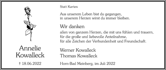 Anzeige  Annelie Kowalleck  Lippische Landes-Zeitung