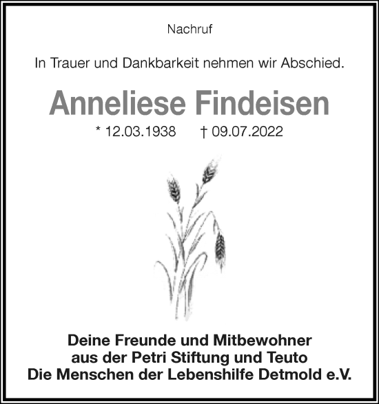 Anzeige  Anneliese Findeisen  Lippische Landes-Zeitung