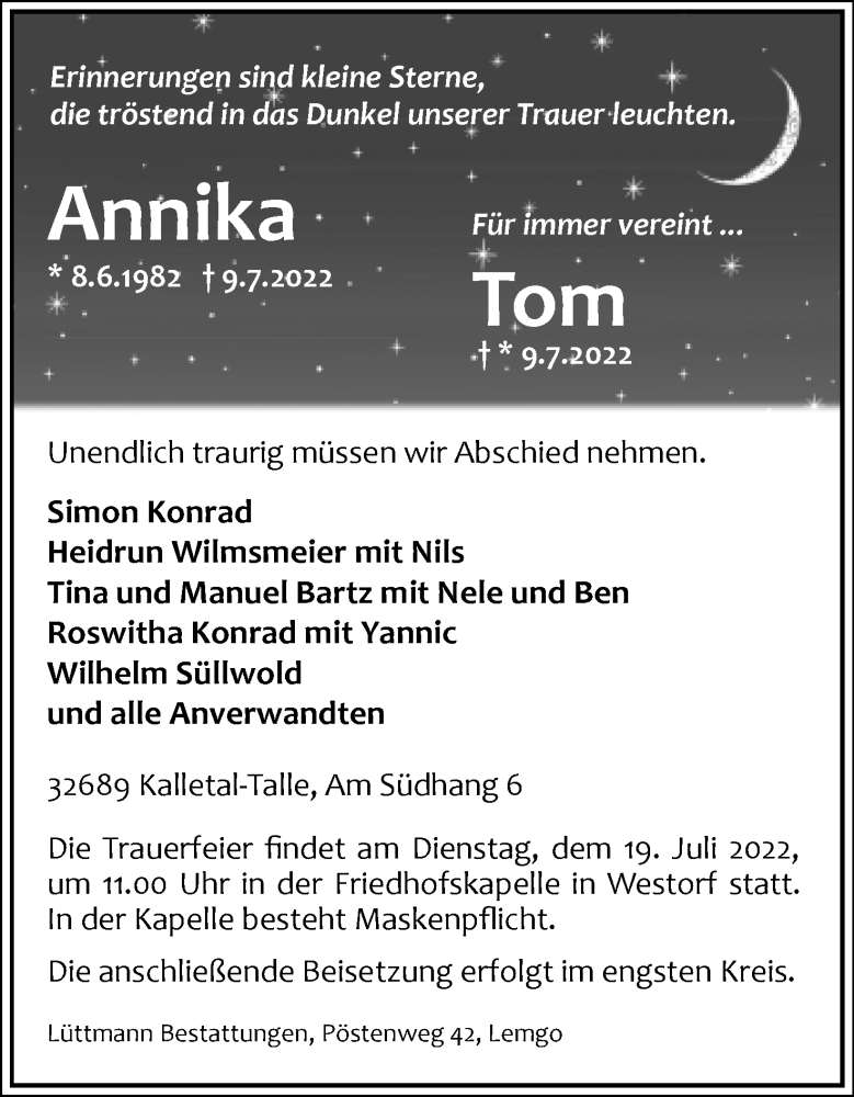  Traueranzeige für Annika und Tom  vom 16.07.2022 aus Lippische Landes-Zeitung