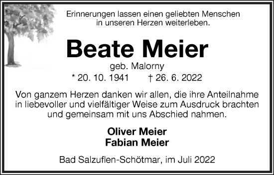 Anzeige  Beate Meier  Lippische Landes-Zeitung