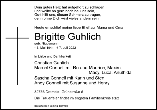 Anzeige  Brigitte Guhlich  Lippische Landes-Zeitung
