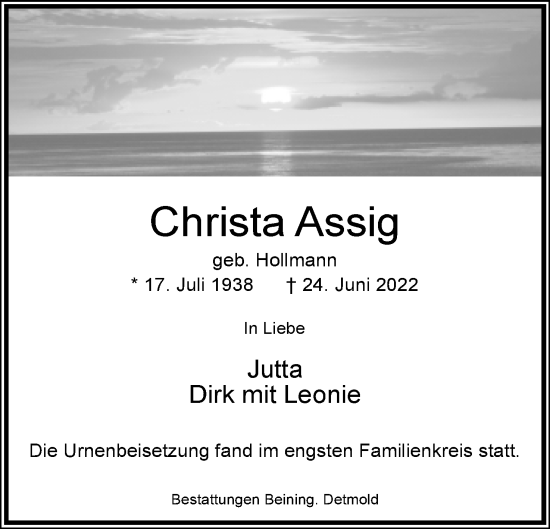 Anzeige  Christa Assig  Lippische Landes-Zeitung