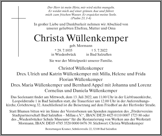 Anzeige  Christa Wüllenkemper  Lippische Landes-Zeitung