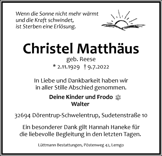Anzeige  Christel Matthäus  Lippische Landes-Zeitung