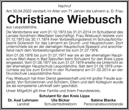 Anzeige  Christiane Wiebusch  Lippische Landes-Zeitung