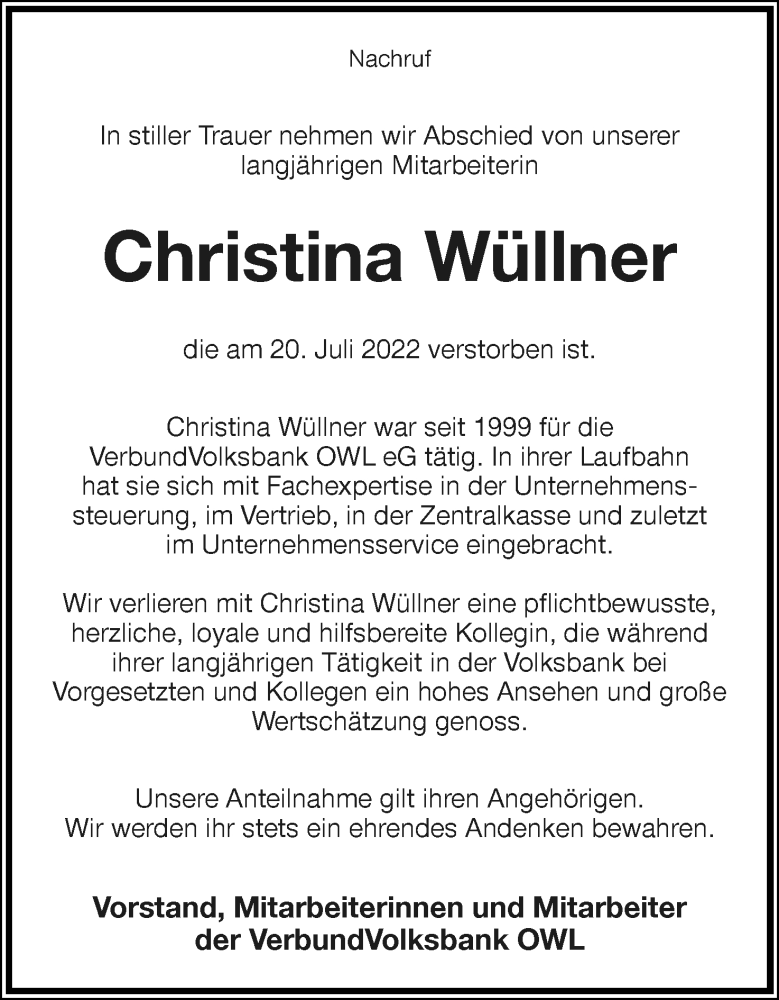  Traueranzeige für Christina Wüllner vom 28.07.2022 aus Lippische Landes-Zeitung