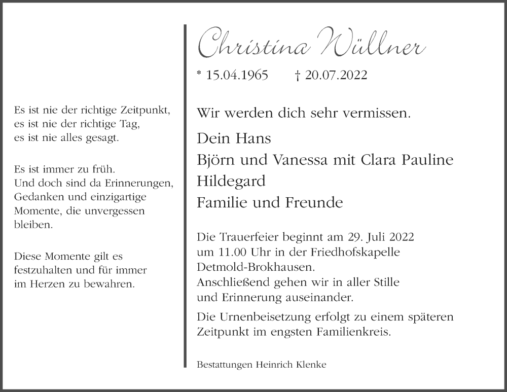  Traueranzeige für Christina Wüllner vom 23.07.2022 aus Lippische Landes-Zeitung