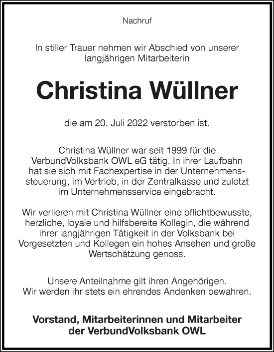 Anzeige  Christina Wüllner  Lippische Landes-Zeitung