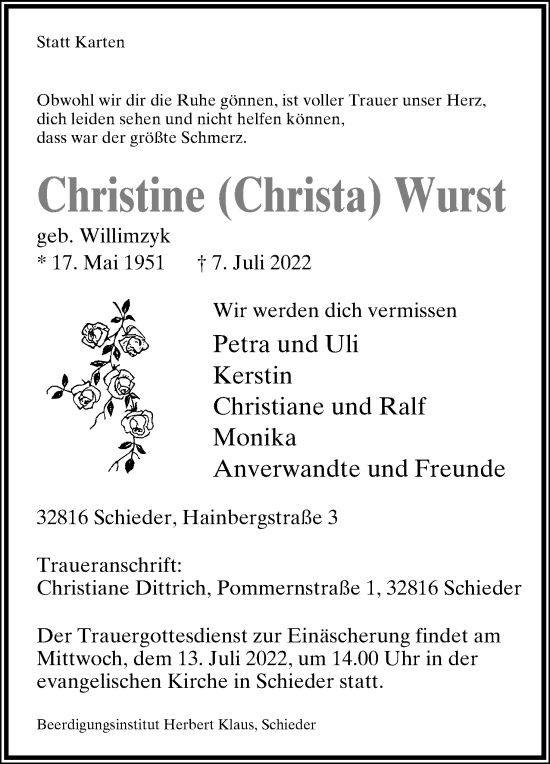 Anzeige  Christine  Wurst  Lippische Landes-Zeitung