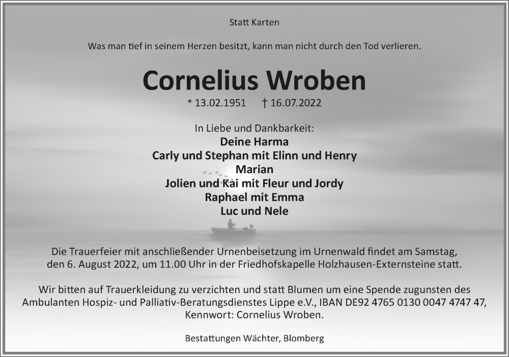  Traueranzeige für Cornelius Wroben vom 23.07.2022 aus Lippische Landes-Zeitung