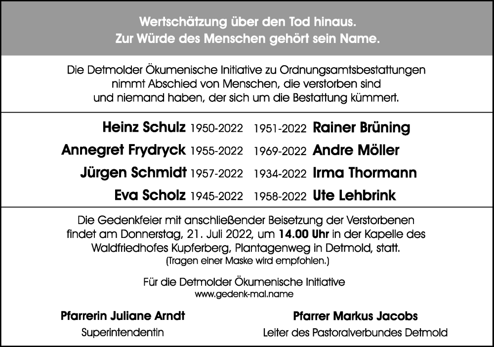  Traueranzeige für Die Detmolder Initiative zu Ordnungsamtsbestattung nimmt Abschied von  vom 16.07.2022 aus Lippische Landes-Zeitung