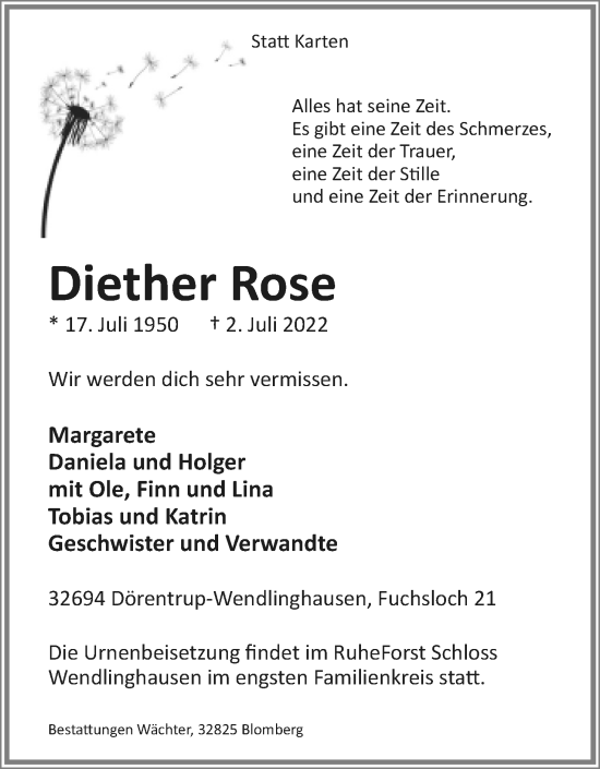 Anzeige  Diether Rose  Lippische Landes-Zeitung