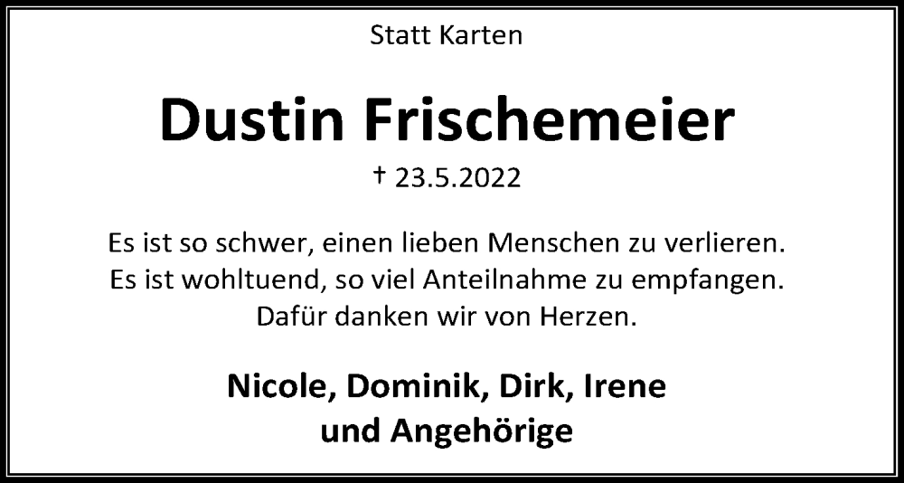  Traueranzeige für Dustin Frischemeier vom 09.07.2022 aus Lippische Landes-Zeitung