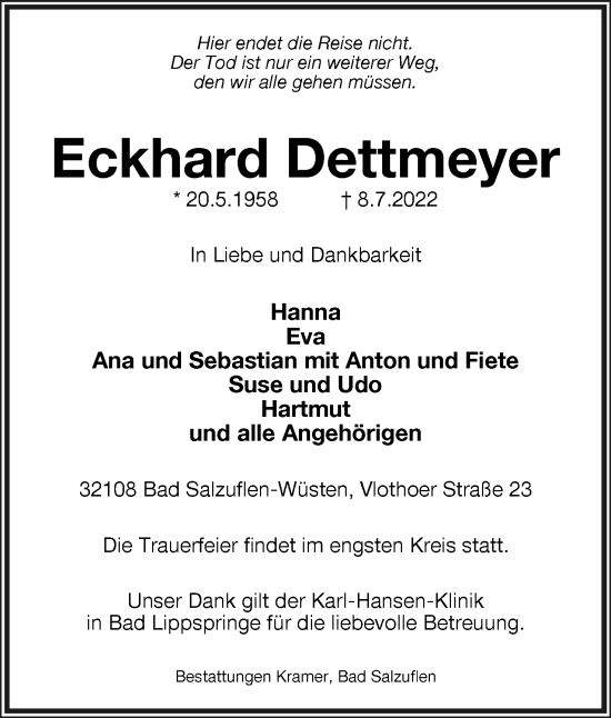 Anzeige  Eckhard Dettmeyer  Lippische Landes-Zeitung