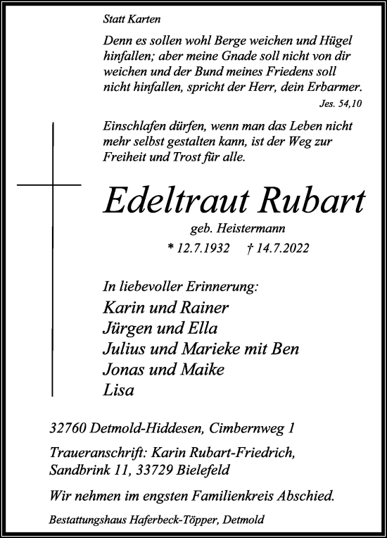 Anzeige  Edeltraut Rubart  Lippische Landes-Zeitung