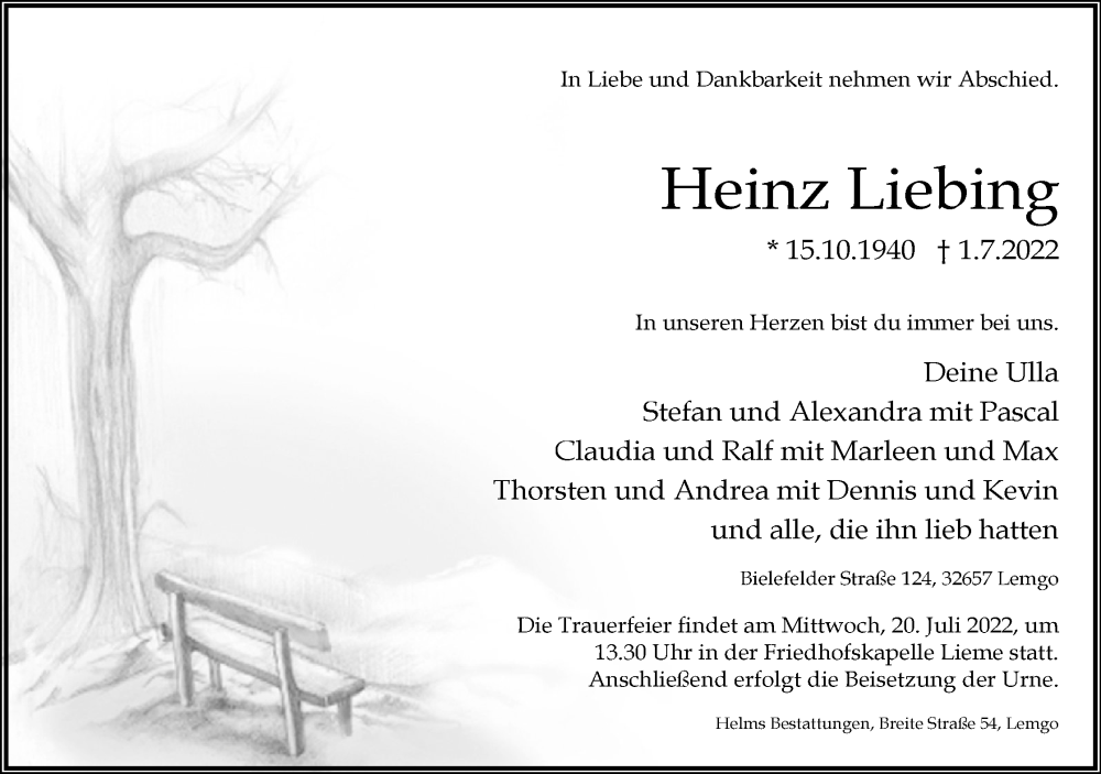  Traueranzeige für Heinz Liebing vom 09.07.2022 aus Lippische Landes-Zeitung