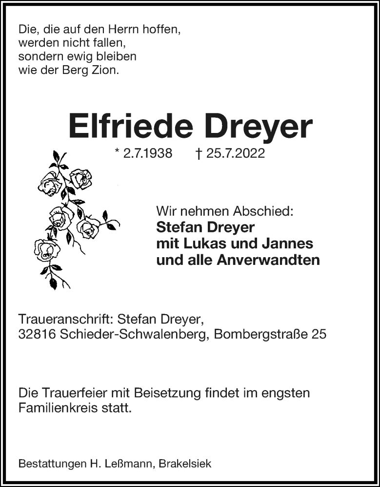  Traueranzeige für Elfriede Dreyer vom 30.07.2022 aus Lippische Landes-Zeitung