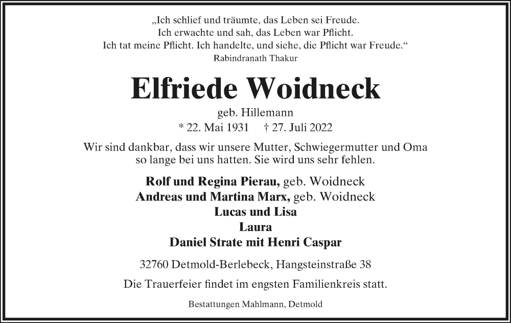  Traueranzeige für Elfriede Woidneck vom 30.07.2022 aus Lippische Landes-Zeitung