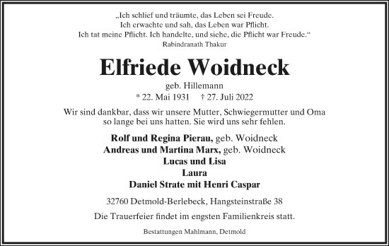 Anzeige  Elfriede Woidneck  Lippische Landes-Zeitung
