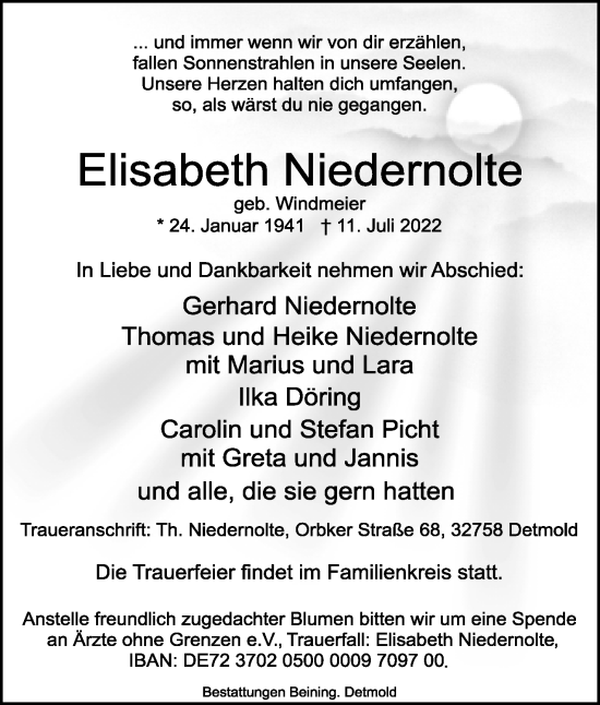 Anzeige  Elisabeth Niedernolte  Lippische Landes-Zeitung