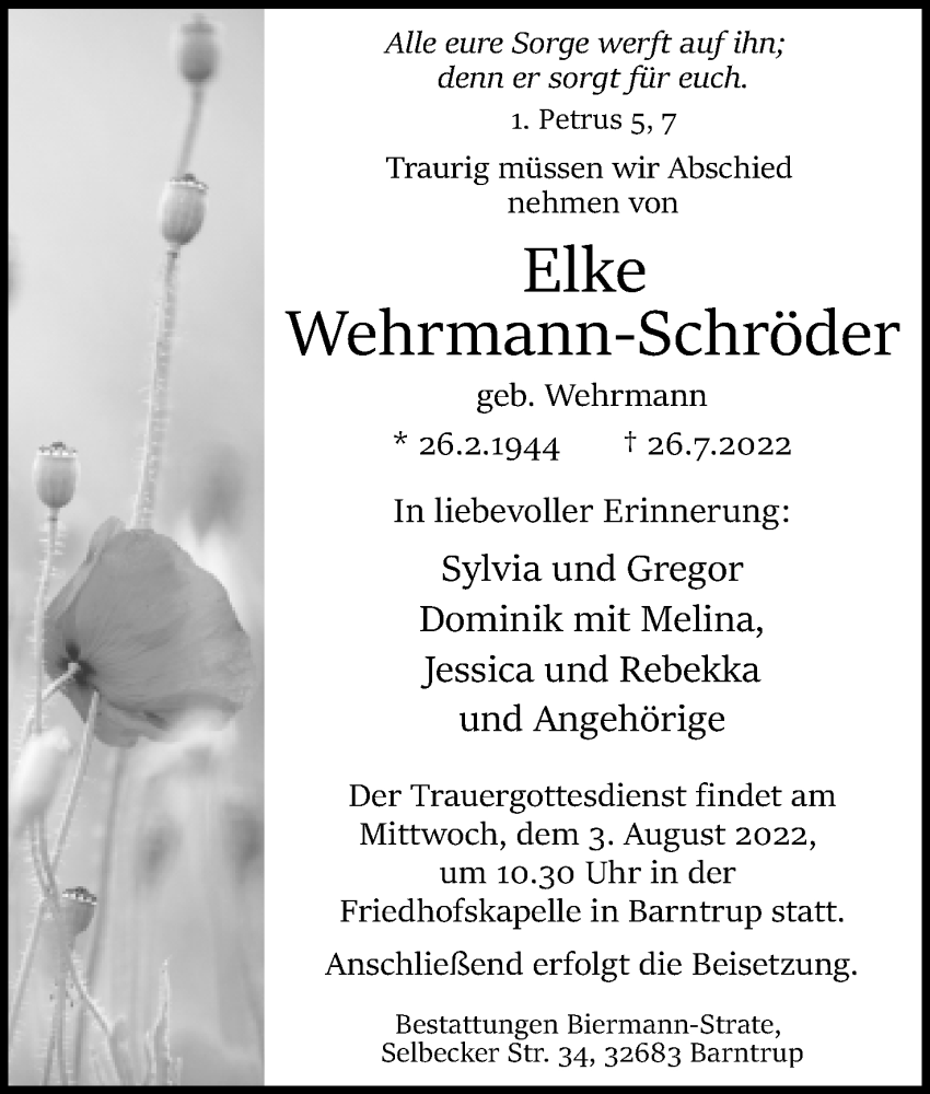  Traueranzeige für Elke Wehrmann-Schröder vom 30.07.2022 aus Lippische Landes-Zeitung