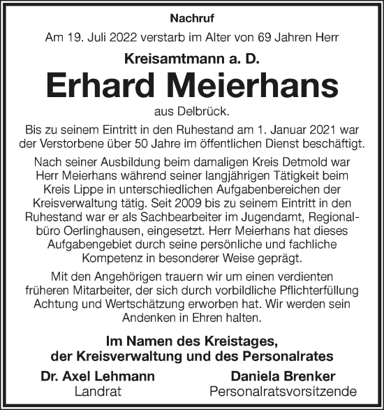 Anzeige  Erhard Meierhans  Lippische Landes-Zeitung