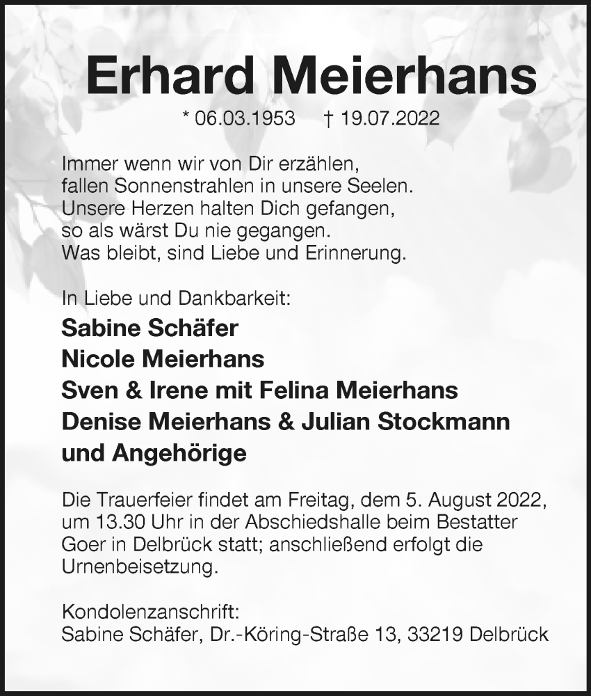  Traueranzeige für Erhard Meierhans vom 30.07.2022 aus Lippische Landes-Zeitung