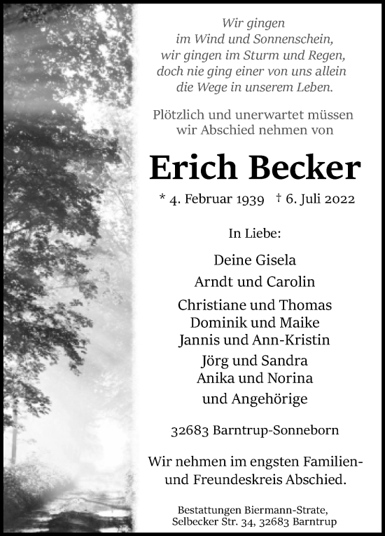 Anzeige  Erich Becker  Lippische Landes-Zeitung