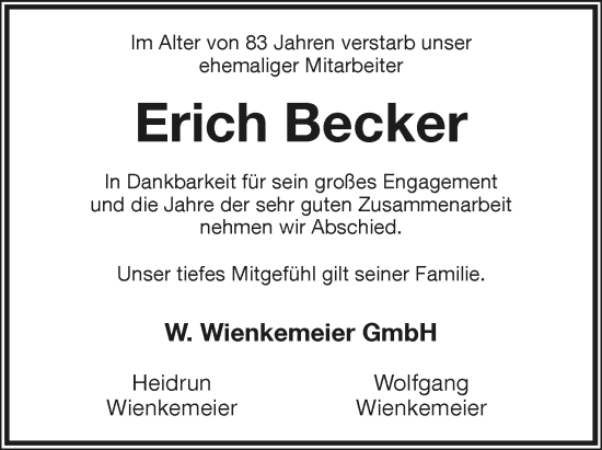 Anzeige  Erich Becker  Lippische Landes-Zeitung
