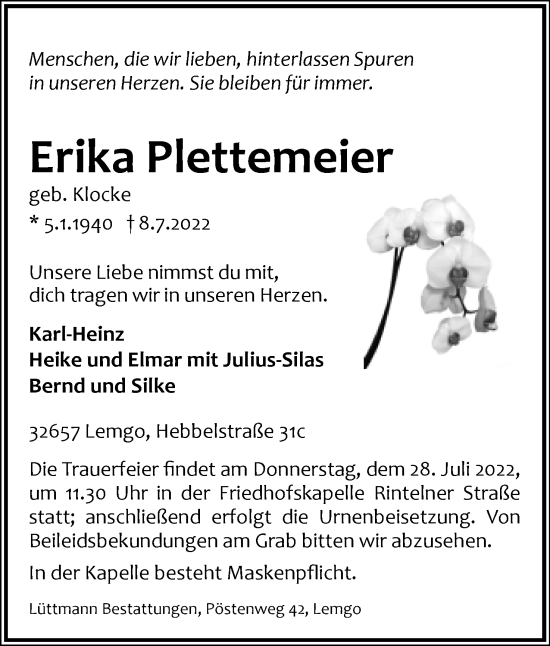 Anzeige  Erika Plettemeier  Lippische Landes-Zeitung