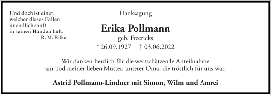 Anzeige  Erika Pollmann  Lippische Landes-Zeitung