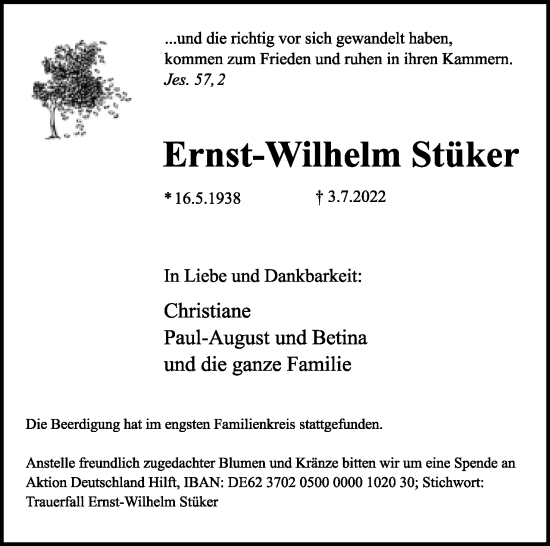 Anzeige  Ernst-Wilhelm Stüker  Lippische Landes-Zeitung