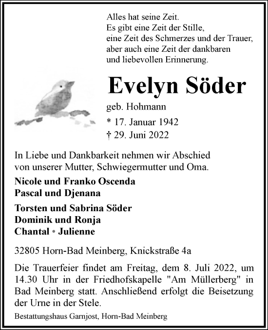 Anzeige  Evelyn Söder  Lippische Landes-Zeitung