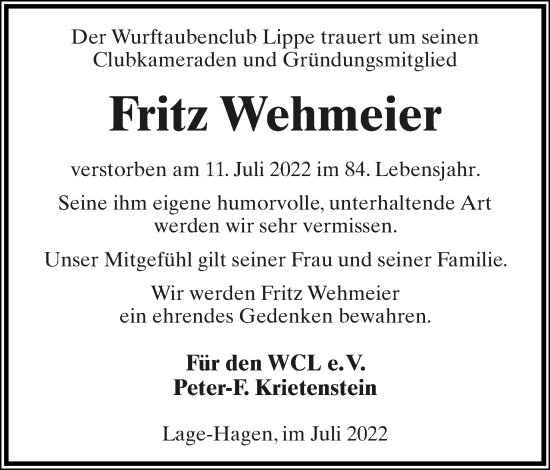 Anzeige  Fritz Wehmeier  Lippische Landes-Zeitung